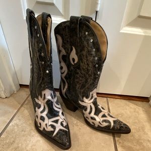 Black distressed leather cowboy boots